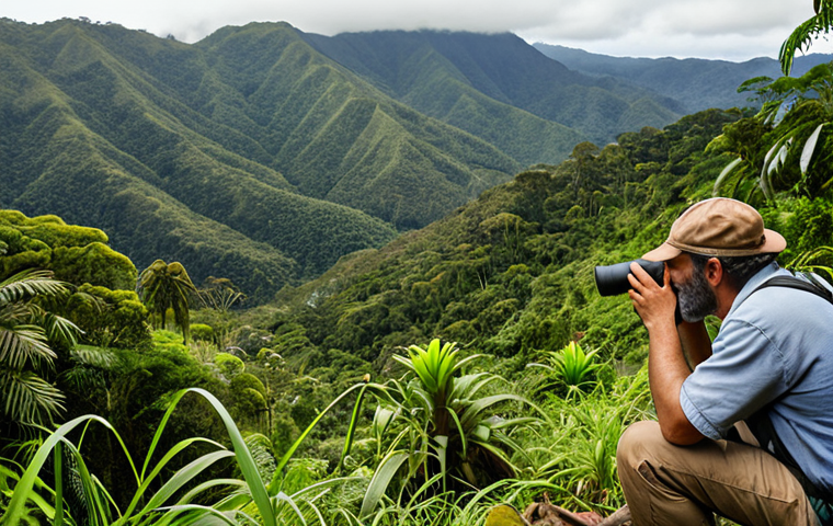 **
"Diverse group of people collaborating in a lush, green rainforest. Botanists, ornithologists, and nature enthusiasts using field guides and binoculars. Focus on teamwork and shared knowledge in biodiversity observation. Serra da Mantiqueira in the background."
**