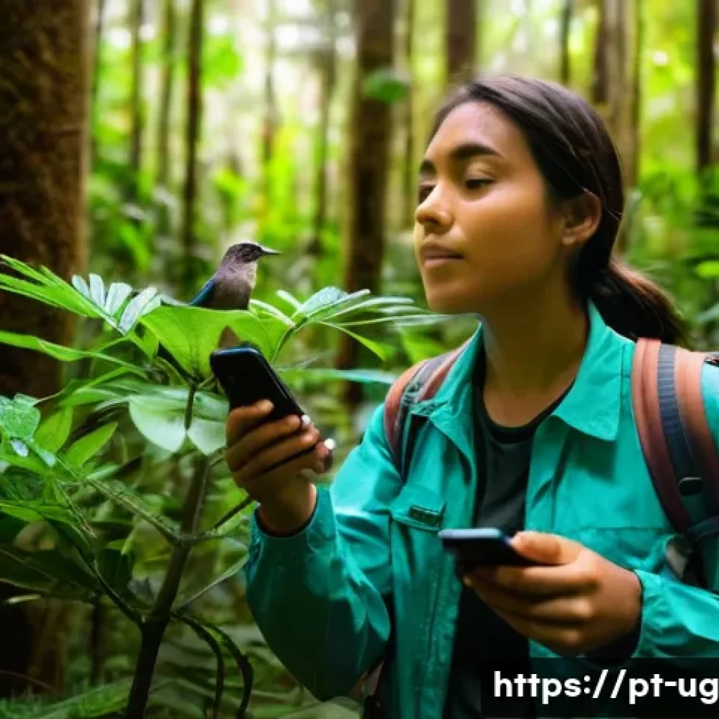 생물종 관찰과 관련된 자원 봉사 기회 - **Prompt:** A serene, wide-angle shot of a young adult (20s-30s) female volunteer, dressed in practi...
