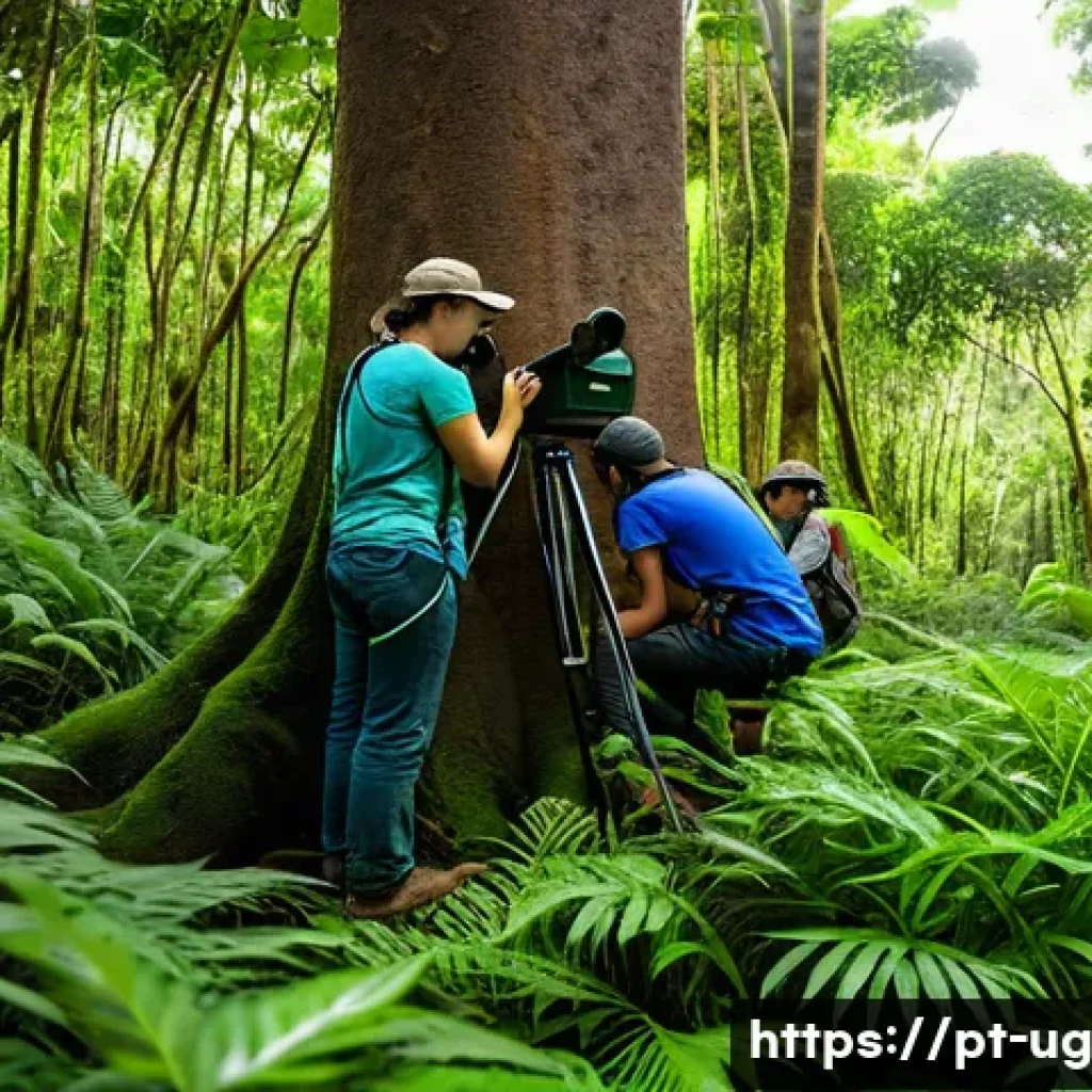 생물종 관찰 기록의 표준화 절차 - A detailed field research scene in a lush Brazilian forest, showing a diverse group of researchers w...