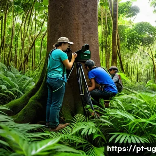 Home 33 생물종 관찰 기록의 표준화 절차 - A detailed field research scene in a lush Brazilian forest, showing a diverse group of researchers w...