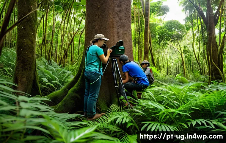 생물종 관찰 기록의 표준화 절차 - A detailed field research scene in a lush Brazilian forest, showing a diverse group of researchers w...