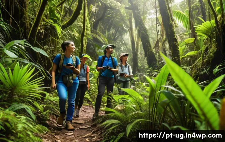 생물종 관찰 기록 시스템의 최신 동향 - A diverse group of Brazilian citizen scientists hiking through a lush Atlantic Forest trail during d...