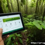 Home 18 생물종 관찰 기록을 위한 예시 템플릿 제공 - A detailed field researcher’s workspace scene set in the Brazilian Atlantic Forest, featuring a digi...