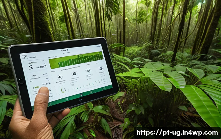 생물종 관찰 기록을 위한 예시 템플릿 제공 - A detailed field researcher’s workspace scene set in the Brazilian Atlantic Forest, featuring a digi...