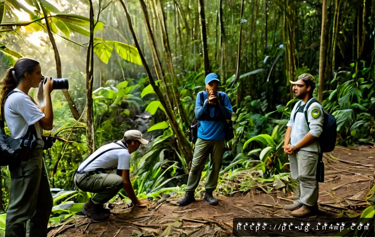 Home 17 생물종 관찰 기록의 활용 범위 확대 전략 - Photorealistic Brazilian Atlantic Forest field survey at golden morning light, a diverse team of adu...